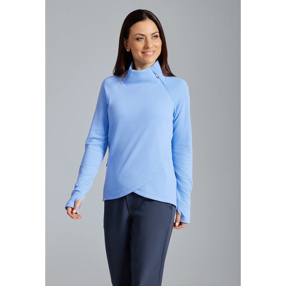 Ibkul Solid Popcorn Stitch Asymmetrical Zip Pullover 2.0 Peri/light blue- Small